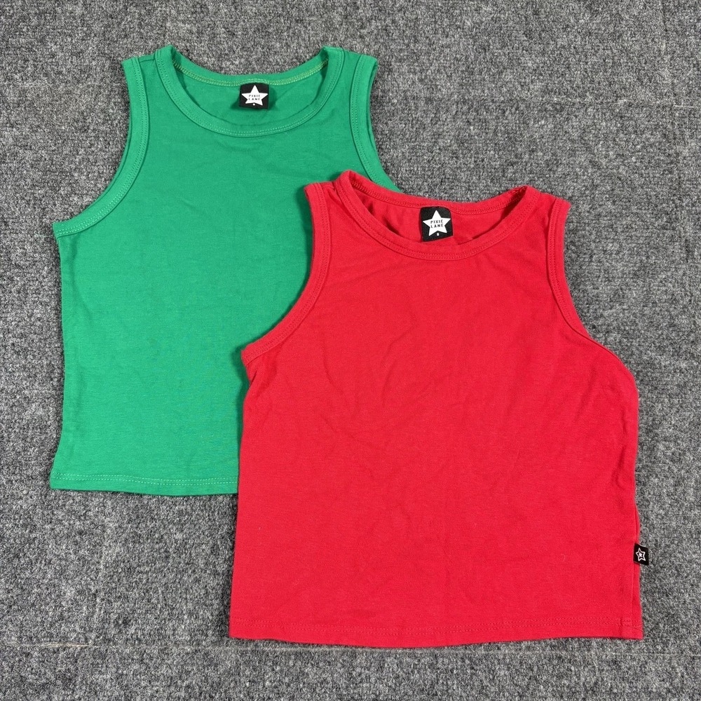 Lot Of 2‎ Pixie Lane Girls Ribbed Red Green Cropped Tank Top Size 8